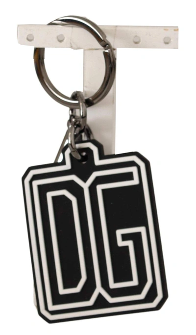 Shop Dolce & Gabbana Black White Dg Rubber Logo Silver Ring Keychain