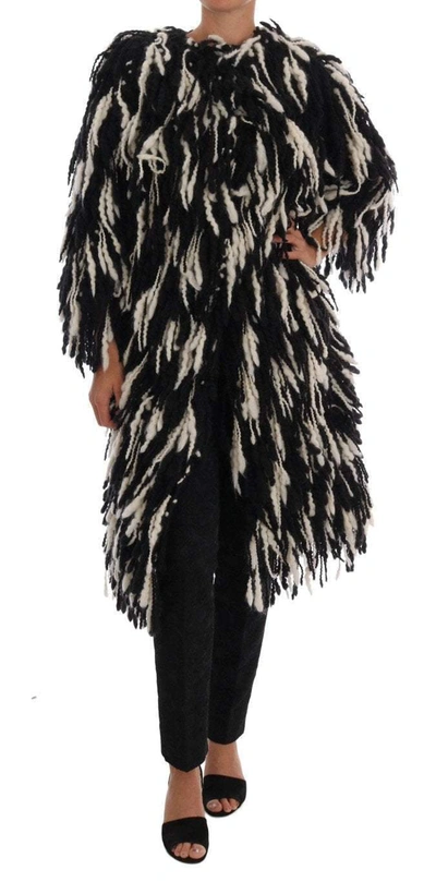 Shop Dolce & Gabbana Black White Fringes Coat Wool Coat