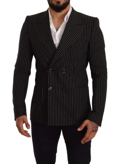 Shop Dolce & Gabbana Black White Striped Slim Fit Coat Blazer