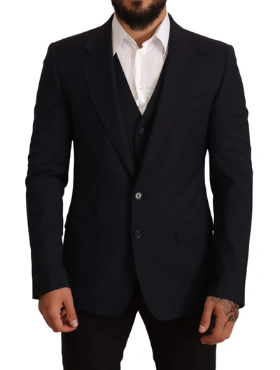 Dolce & Gabbana Black Single Breasted Formal Wool Blazer In Blue