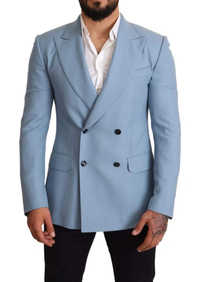 Shop Dolce & Gabbana Blue Cashmere Silk Slim Fit Blazer Jacket