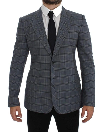 Shop Dolce & Gabbana Blue Checkered Slim Fit Blazer Jacket