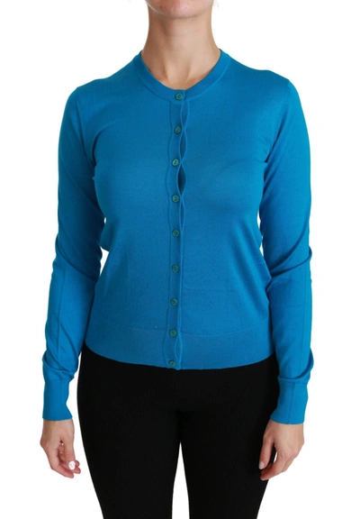 Shop Dolce & Gabbana Blue Crewneck Cardigan 100% Silk Sweater
