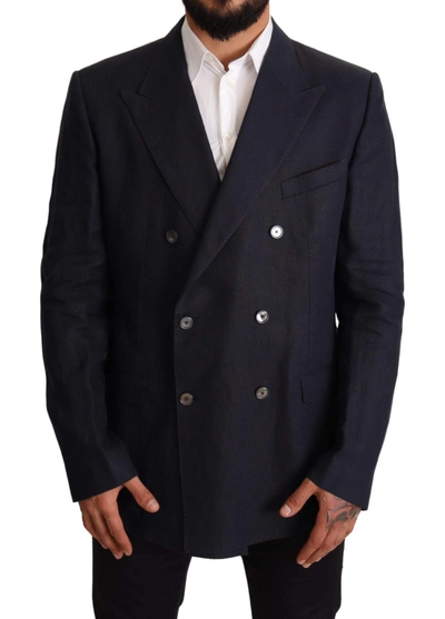 Shop Dolce & Gabbana Blue Linen Taormina Jacket Coat Blazer