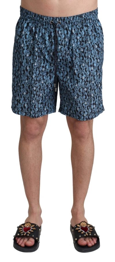 Shop Dolce & Gabbana Blue Patterned Print Beachwear Shorts Swimwear