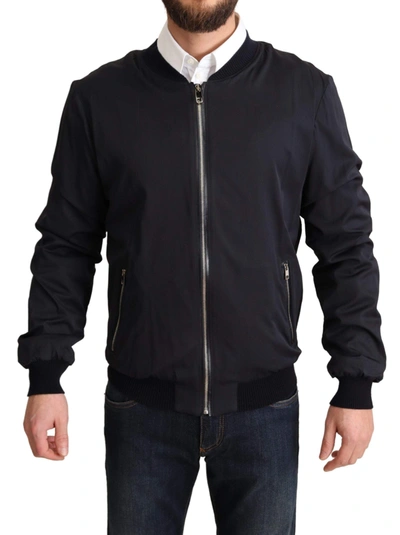 Dolce & Gabbana Blue Silk Coat Short Bomber Men Jacket In Blue