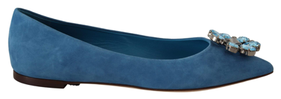 Shop Dolce & Gabbana Blue Suede Crystals Loafers Flats Shoes