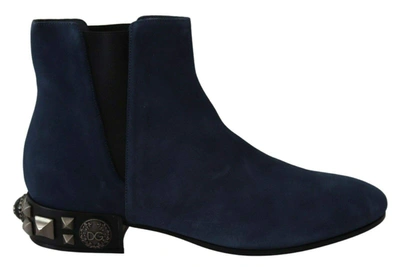 Shop Dolce & Gabbana Blue Suede Embellished Studded Boots Shoes