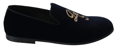 Shop Dolce & Gabbana Blue Velvet Gold Logo Slipper Loafers Shoes