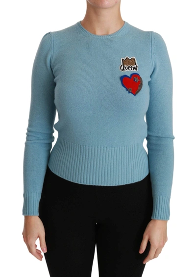 Shop Dolce & Gabbana Blue Wool Queen Heart Pullover Sweater