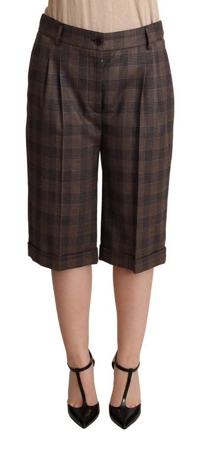 Shop Dolce & Gabbana Brown Checkered Wool Bermuda Mid Waist Shorts
