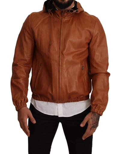 Shop Dolce & Gabbana Brown Leather Lambskin Hooded Coat Jacket