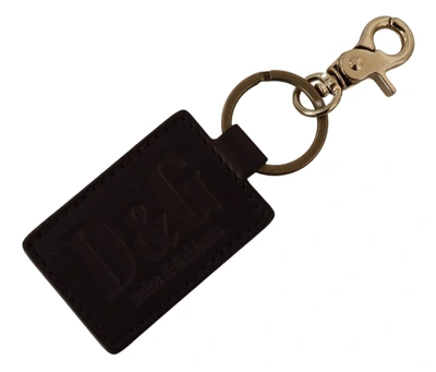 Dolce & Gabbana Brown Leather Logo Metal Ring Hook Keychain In Brown