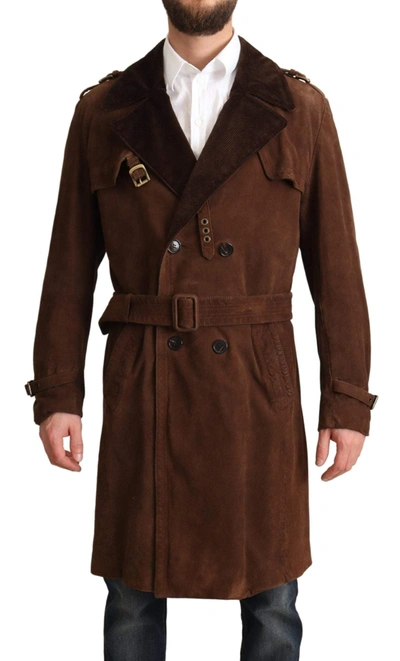 Shop Dolce & Gabbana Brown Leather Long Trench Coat Men Jacket