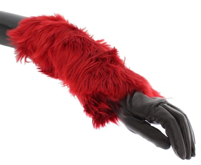 Shop Dolce & Gabbana Brown Leather Red Fur Elbow Gloves
