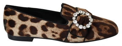 Shop Dolce & Gabbana Brown Leopard Print Crystals Loafers Flats Shoes