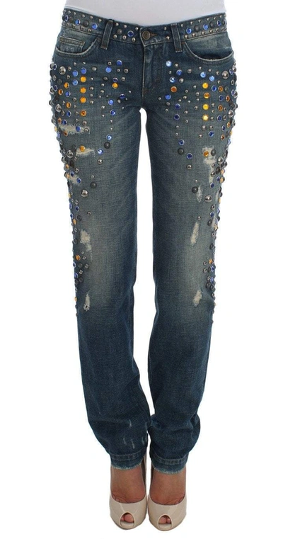 Shop Dolce & Gabbana Crystal Embellished Girly Slim Fit Jeans In Blue