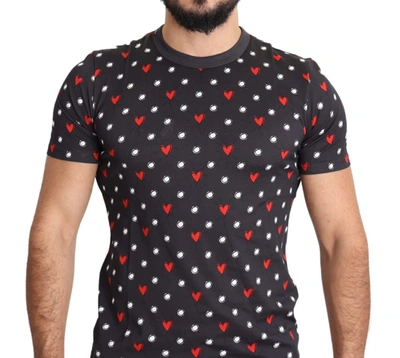 Shop Dolce & Gabbana Dark Gray Hearts Print Cotton Men T-shirt