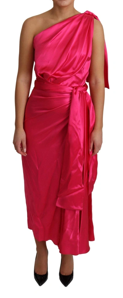 Shop Dolce & Gabbana Dress Pink Fitted Cut One Shoulder Midi Dress