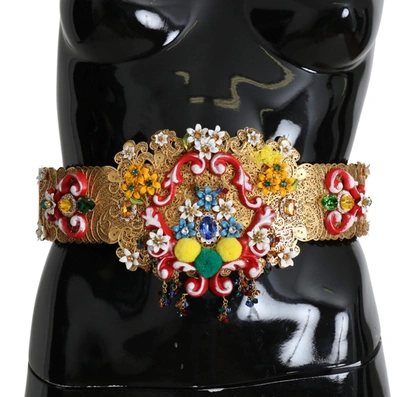 Shop Dolce & Gabbana Embellished Floral Crystal Wide Waist Golden Belt In Multicolor