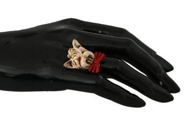 Dolce & Gabbana Gold Brass Resin Beige Dog Pet Branded Accessory Ring In Beige
