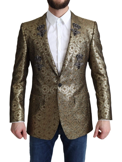 Shop Dolce & Gabbana Gold Crystal Crown Bee Martini Blazer Jacket
