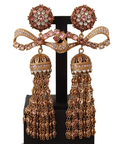 Shop Dolce & Gabbana Gold Dangling Crystals Long Clip-on Jewelry Earrings