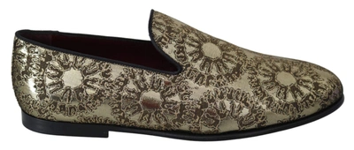 Shop Dolce & Gabbana Gold Jacquard Flats Mens Loafers Shoes