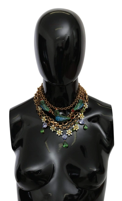 Shop Dolce & Gabbana Gold Parrot Crystal Floral Charm Statement Necklace