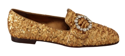 Shop Dolce & Gabbana Gold Sequin Crystal Flat Women Loafers Shoes