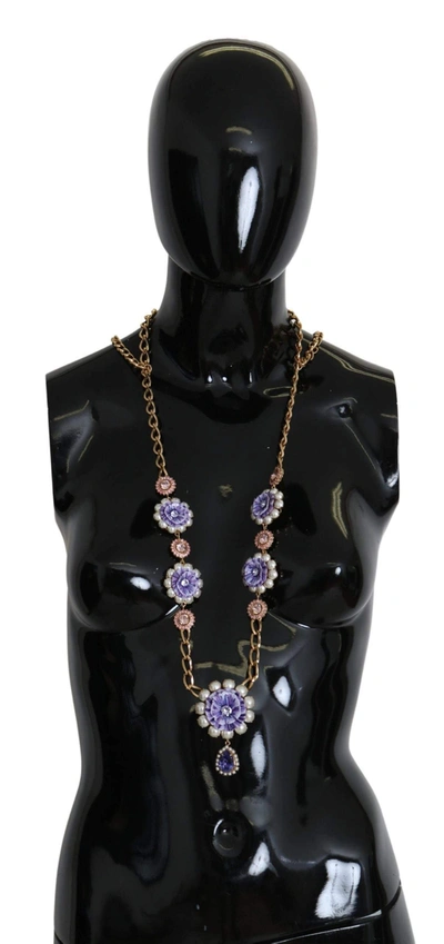 Shop Dolce & Gabbana Gold Tone Floral Crystals Purple Embellished Necklace