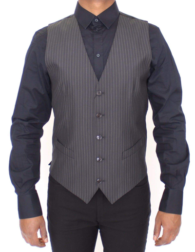 Shop Dolce & Gabbana Gray Striped Wool Silk Dress Vest Gilet