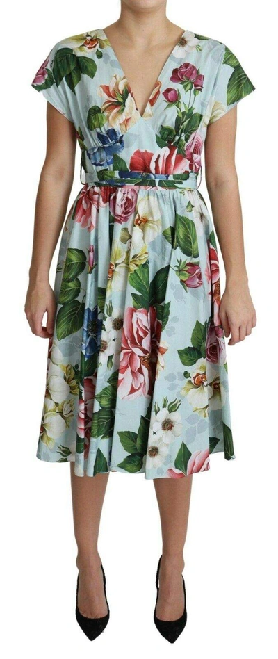 Shop Dolce & Gabbana Green Floral Short Sleeves V-neck Dress
