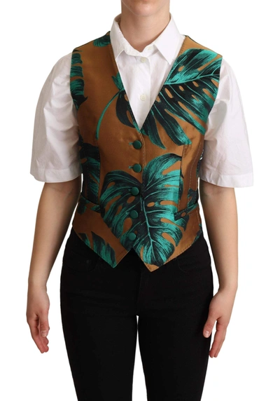 Shop Dolce & Gabbana Green Jacquard Leaf Gold Waistcoat Vest
