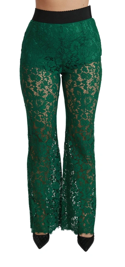 Shop Dolce & Gabbana Green Lace High Waist Flared Pants
