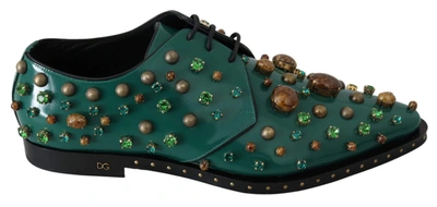 Shop Dolce & Gabbana Green Leather Crystal Dress Broque Shoes