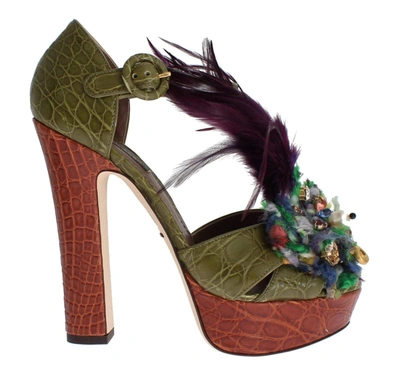 Shop Dolce & Gabbana Green Leather Crystal Platform Sandal Shoes
