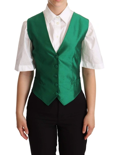 Shop Dolce & Gabbana Green Silk Satin Sleeveless Waistcoat Vest