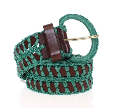 Shop Dolce & Gabbana Green Raffia Woven Waist Leather Wide Belt