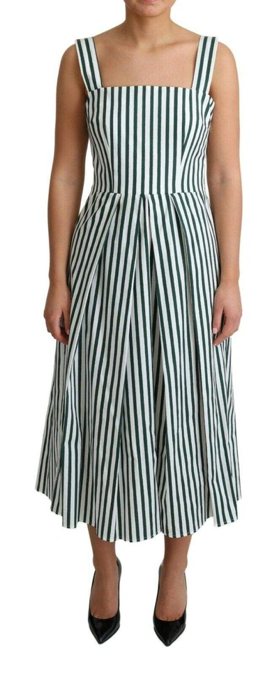 Shop Dolce & Gabbana Green Striped Cotton A-line Dress In White