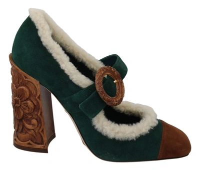 Shop Dolce & Gabbana Green Suede Fur Shearling Mary Jane Shoes