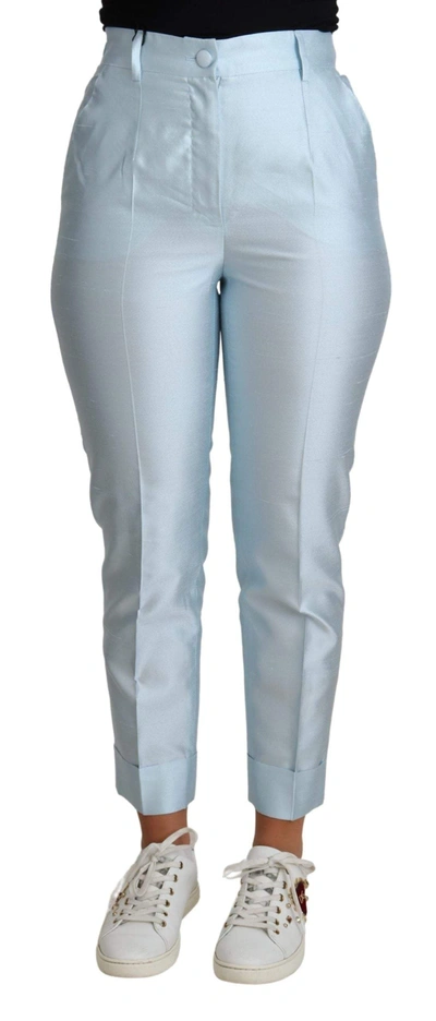 Shop Dolce & Gabbana Light Blue Silk Cropped Tapered Trouser Pants