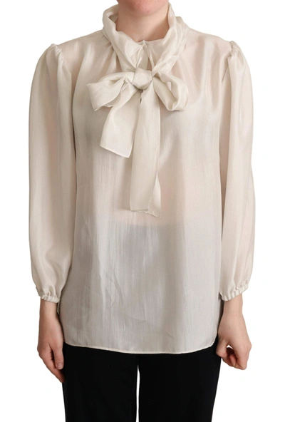 Shop Dolce & Gabbana Light Gray Ascot Collar Shirt Silk Blouse Top