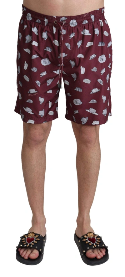 Shop Dolce & Gabbana Maroon Hats Print Beachwear Shorts Swimwear In Marrone