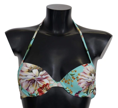 Shop Dolce & Gabbana Mint Green Floral Print Beachwear Bikini Tops