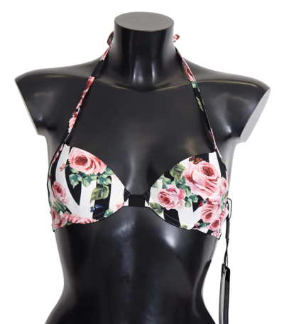 Shop Dolce & Gabbana Multicolor Striped Rose Print Swimwear Bikini Tops