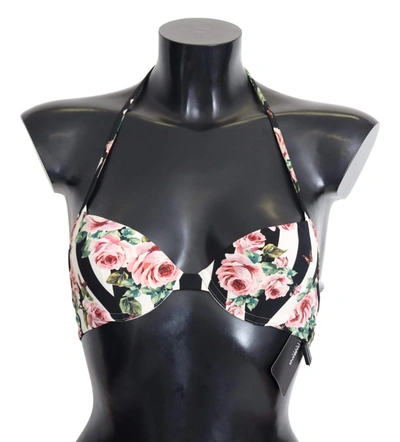 Shop Dolce & Gabbana Multicolor Striped Rose Print Swimwear Bikini Tops
