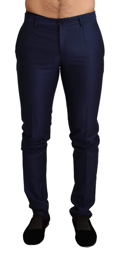 Shop Dolce & Gabbana Navy Blue Wool Dress Formal Slim Trouser Pants