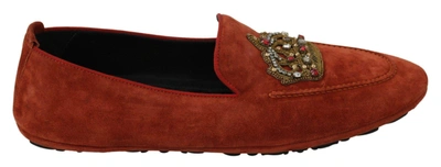 Shop Dolce & Gabbana Orange Leather Moccasins Crystal Crown Slippers Shoes