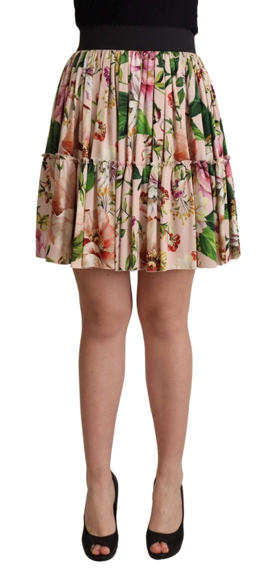Shop Dolce & Gabbana Pink Floral Print Silk High Waist Mini Skirt